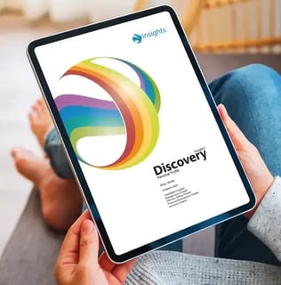 Insights Discovery personal profile shown on a tablet, illustrating the colour-energy narrative report