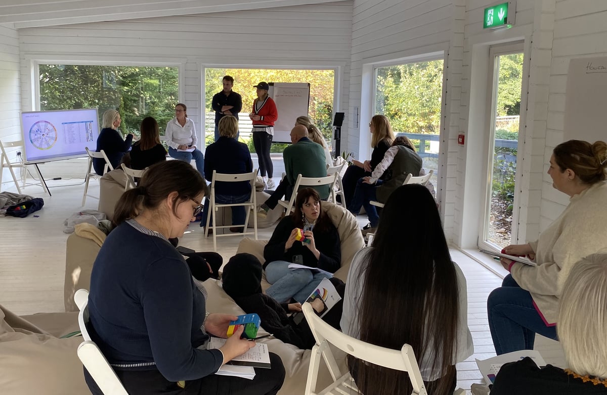 A team in a bright workshop room working in small groups with Insights Discovery colour blocks, a team wheel on the screen behind them