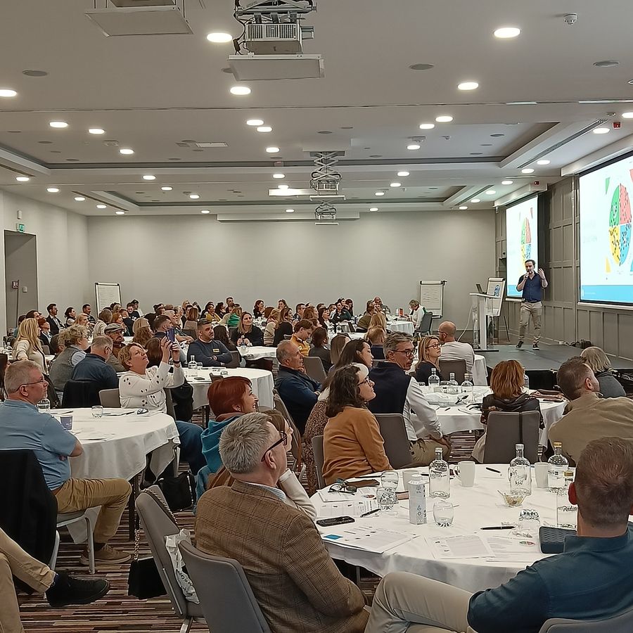 David O'Grady presenting to a large audience with the Everything DiSC model on screen