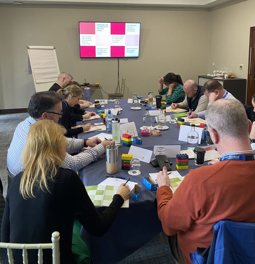 Participants working around the table in an Insights Discovery session