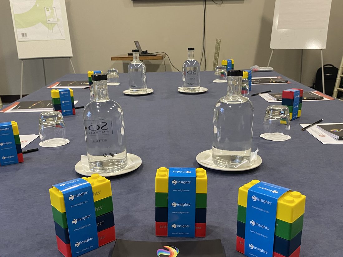 An Insights Discovery workshop table set and ready, with colour-energy blocks and personal profiles at each place